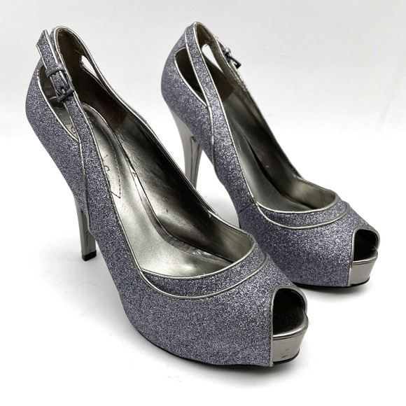 GUESS Silver/Lavender Tint Glitter Buckle Strap Gunmetal Pump Peep Toe Heel 6.5M - Picture 1 of 16